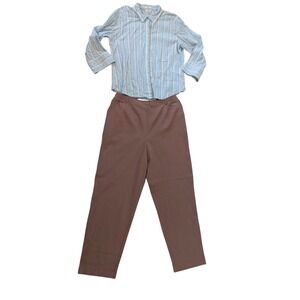 Christopher & Banks KORET Outfit Women XL Blue Brown Striped Shirt Elastic Pants